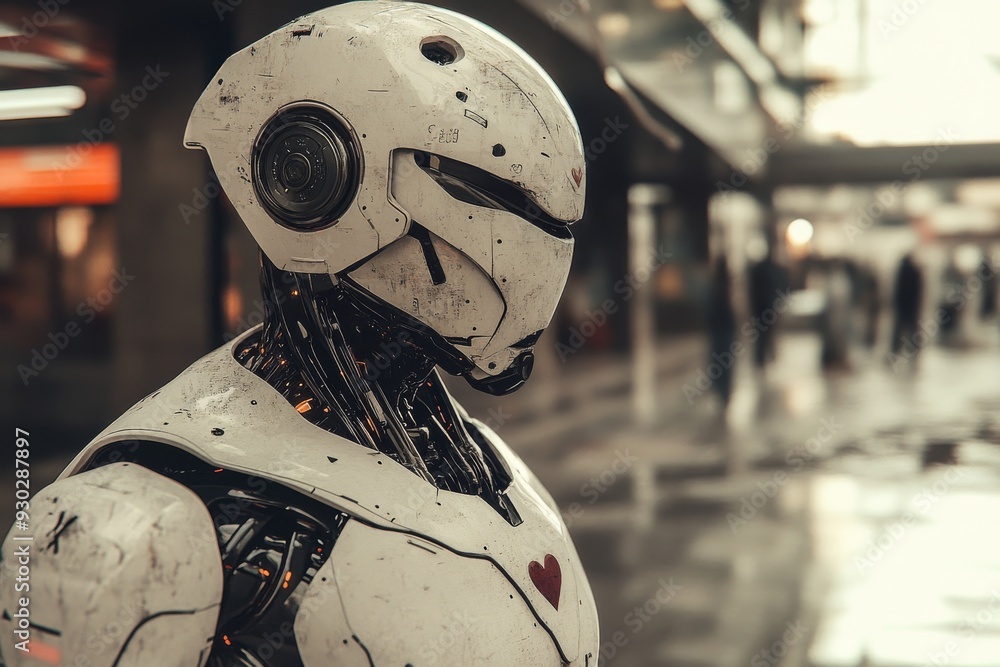 Weathered robot in a rainy city contemplative gaze showing resilience and adaptation in a machine Weathered robot in a rainy city contemplative gaze showing resilience and adaptation in a machine