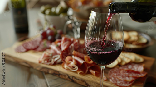 Obraz na płótnie Glass of red wine being poured into a wine glass, with a charcuterie board in the background, highlighting culinary indulgence w salonie