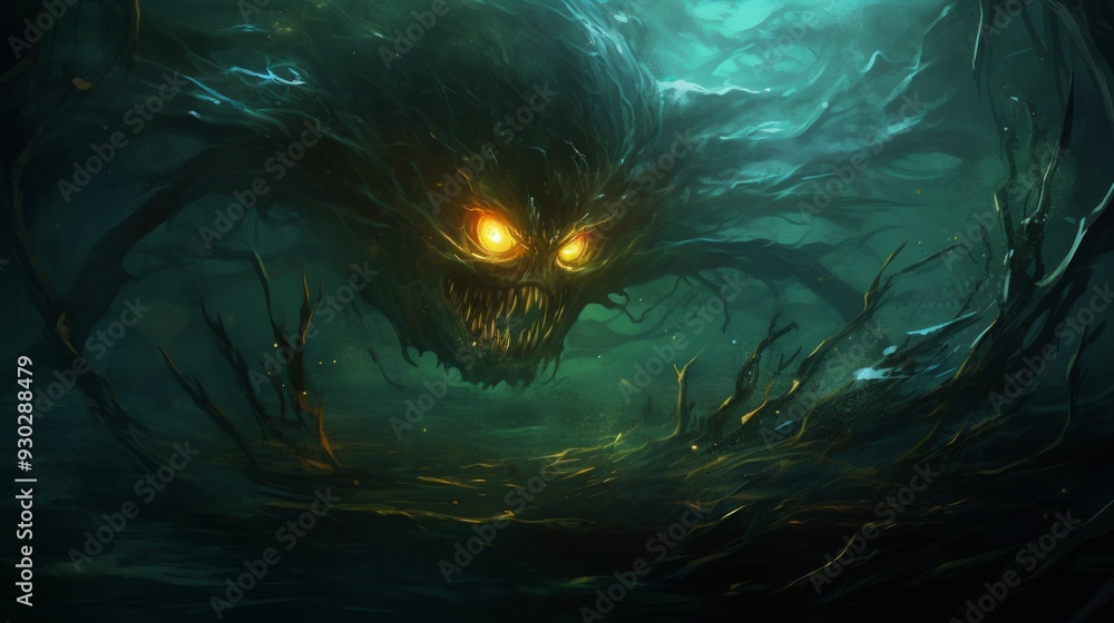 Crazy monster fish with glowing eyes in creepy underwater space. Neural network ai generated art Crazy monster fish with glowing eyes in creepy underwater space. Neural network ai generated art
