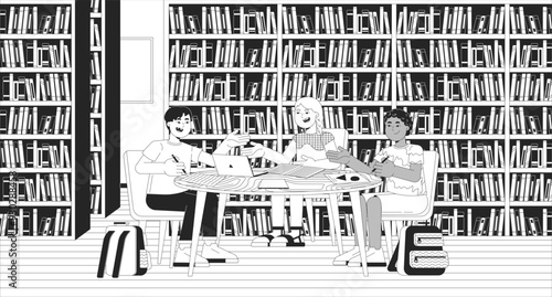 Elementary kids group assignment black and white line illustration. Diverse schoolkids doing homework together in library 2D characters monochrome background. Preteen primary outline vector image