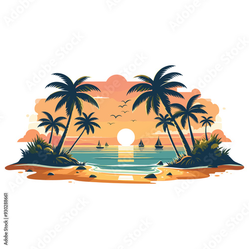 Vector tropical sunset illustration with palm trees and sailboats, vacation poster, summer vibes