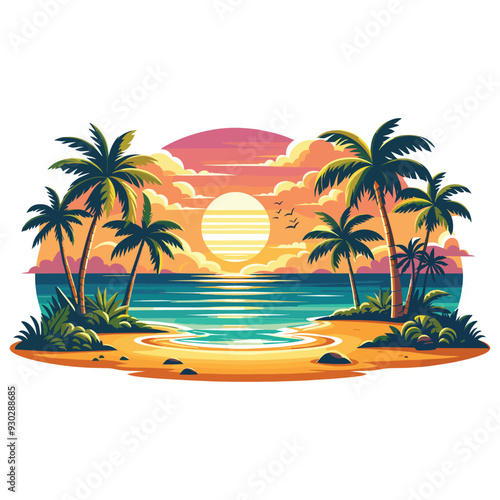 Vibrant tropical beach sunset illustration with palm trees, ideal for summer vacation themes