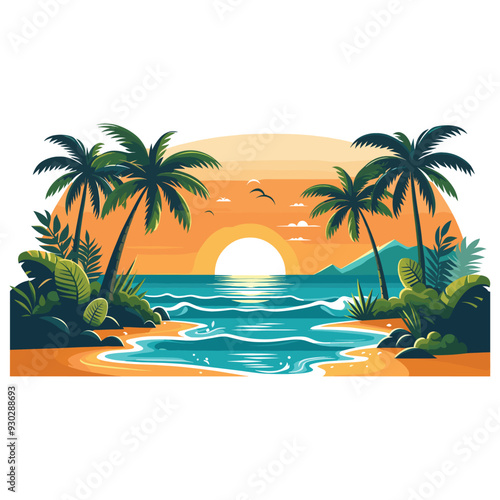 Tropical beach sunset scene, vibrant colors, serene nature backdrop, vacation inspiration