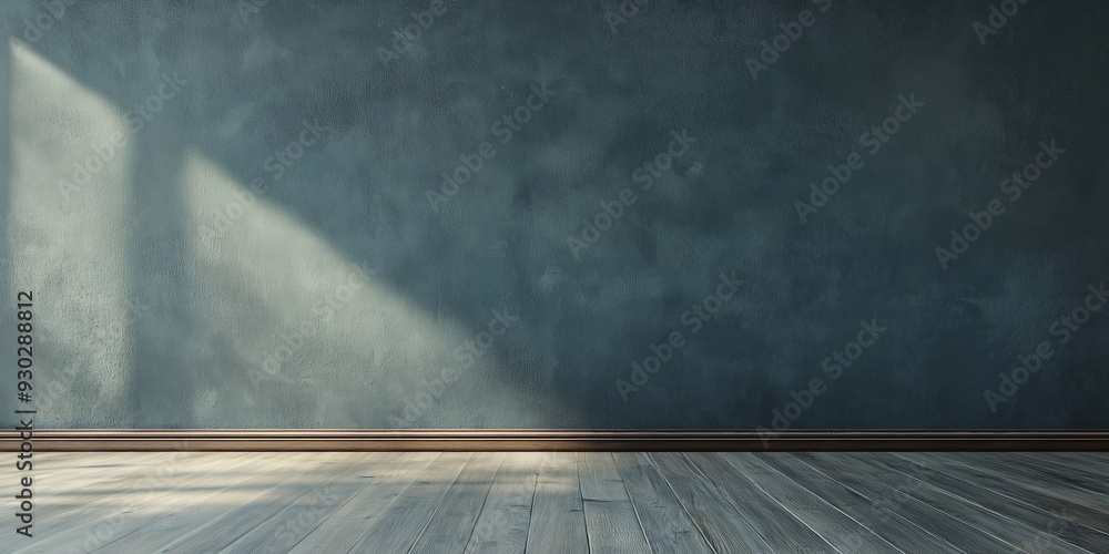 An empty room featuring a wooden floor and a textured blue wall, creating a sense of space, tranquility, and potential. An empty room featuring a wooden floor and a textured blue wall, creating a sense of space, tranquility, and potential.