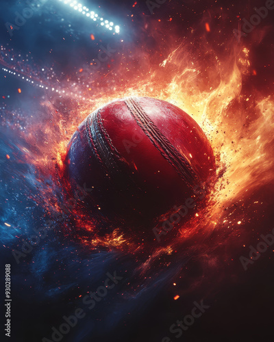 A dynamic cricket ball surrounded by flames and smoke, conveying energy and excitement.