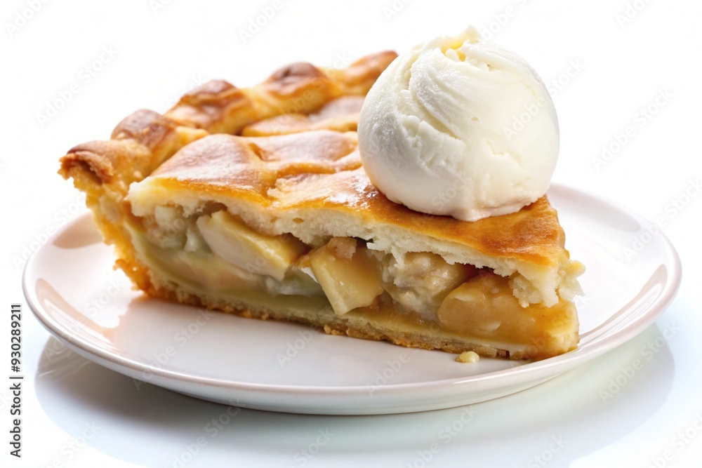 A slice of American apple pie with a scoop of vanilla ice cream isolated on white background A slice of American apple pie with a scoop of vanilla ice cream isolated on white background