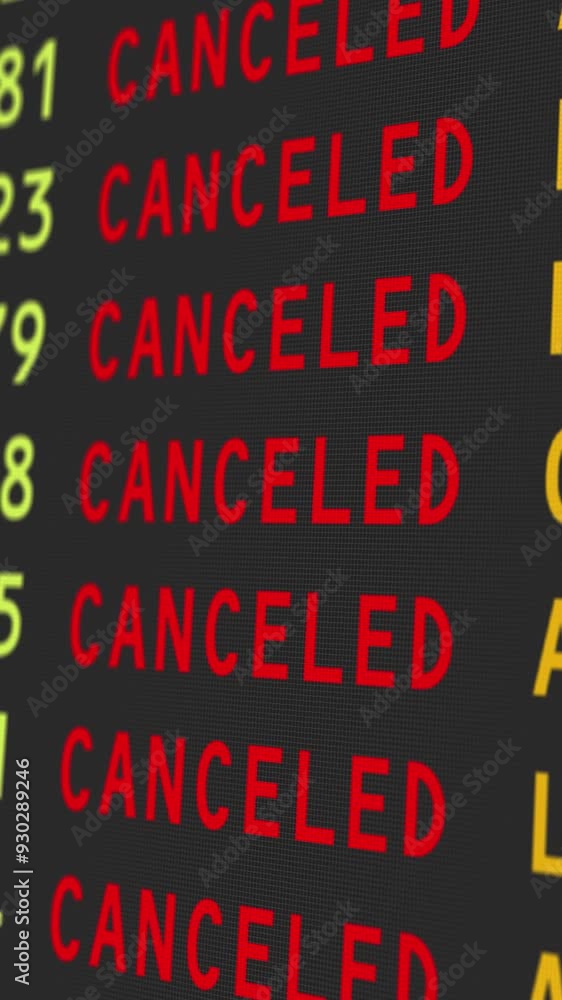 A close-up vertical view of an airport's travel information board with flights being cancelled, possibly due to bad weather conditions.	