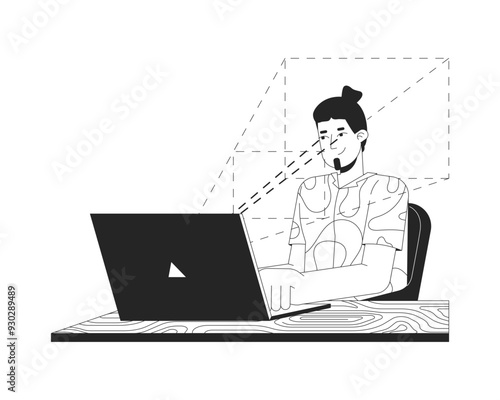 Eye tracking software black and white 2D illustration concept. Caucasian man looking at laptop outline character isolated. Eye recognition. Gaze tracker technology metaphor monochrome vector art