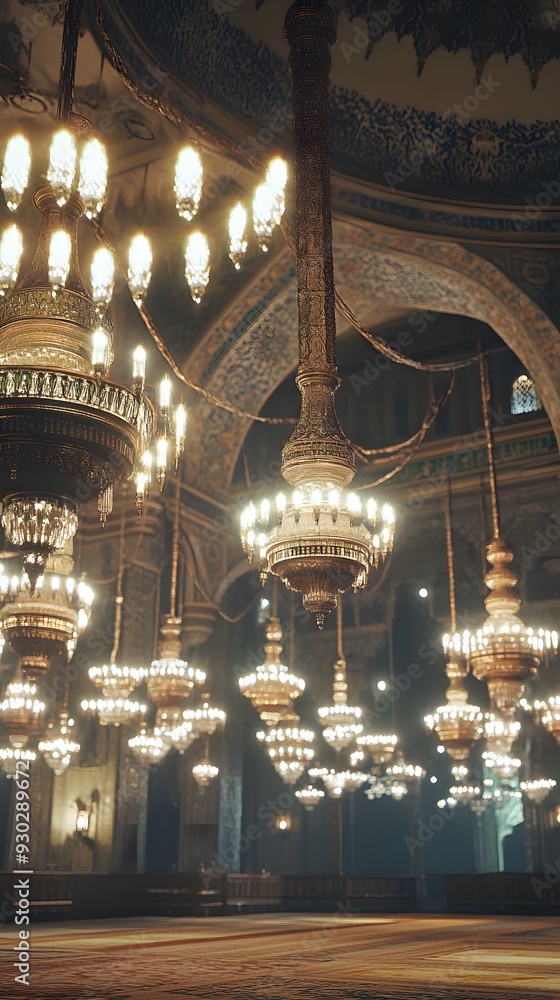 Ornate Chandeliers in a Grand Mosque Ornate Chandeliers in a Grand Mosque
