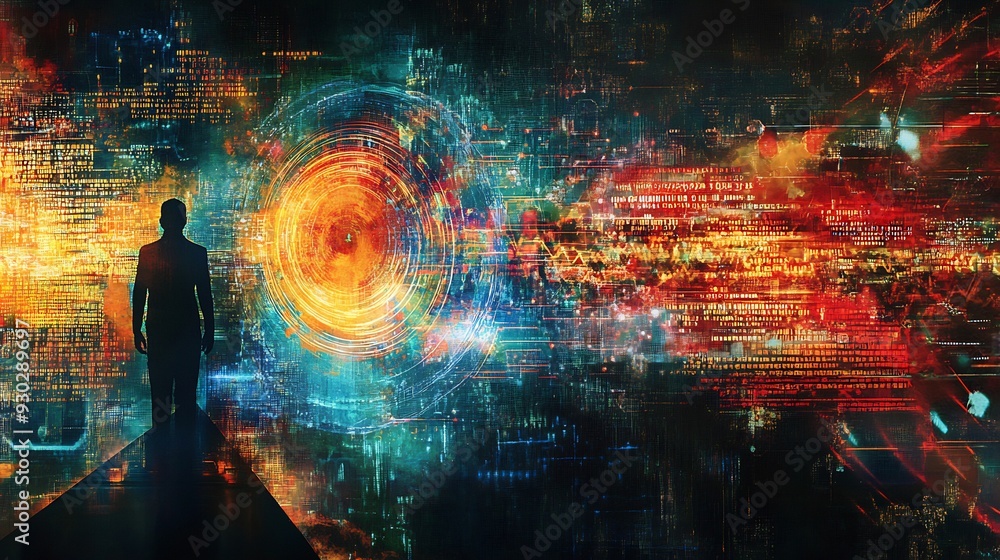 Silhouette of a Man Walking Towards a Glowing Circle in a Digital Landscape Silhouette of a Man Walking Towards a Glowing Circle in a Digital Landscape