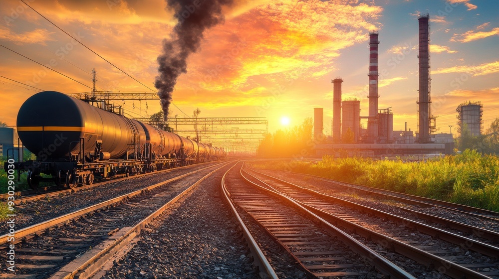 Fototapeta premium A train is traveling down the tracks next to a large industrial plant