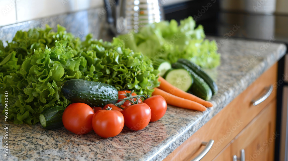 Fresh ingredients for a salad, including lettuce, tomatoes, cucumbers, and carrots, arranged on a kitchen counter Fresh ingredients for a salad, including lettuce, tomatoes, cucumbers, and carrots, arranged on a kitchen counter