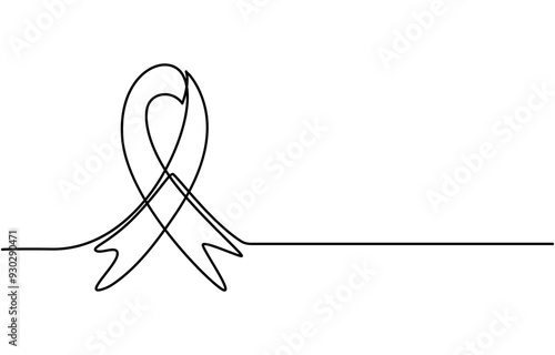 Breast cancer awareness ribbon hand drawn with single one continuous line. Isolated vector illustration. Editable stroke. Vector illustration in sketch style, One continuous line drawing