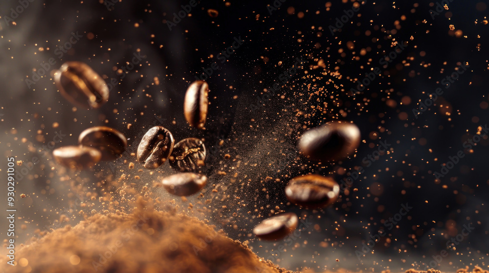 Flying coffee beans and ground coffee in an explosive scene, showcasing the dynamic energy of roasted coffee Flying coffee beans and ground coffee in an explosive scene, showcasing the dynamic energy of roasted coffee