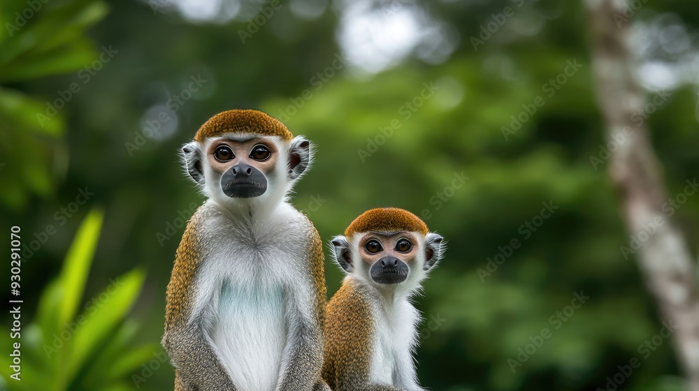 Obraz premium A mother golden monkey protects her baby, both showing unique facial features and vibrant fur, amidst the rich greenery of their forest habitat