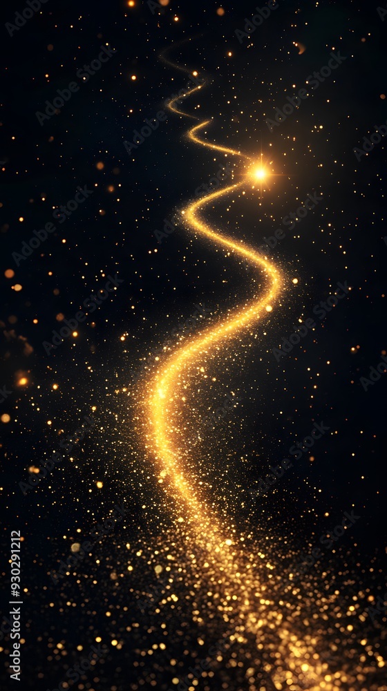 A long, curved trail of glowing golden particles against a black background with a bright star at the end A long, curved trail of glowing golden particles against a black background with a bright star at the end