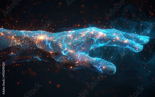 Digital Hand Reaching Out with Glowing Particles