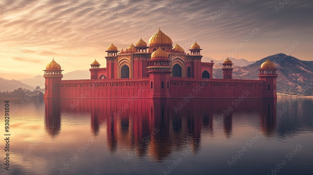 Obraz premium A majestic ruby-red palace reflecting in a calm lake, perfect for travel brochures, with copy space