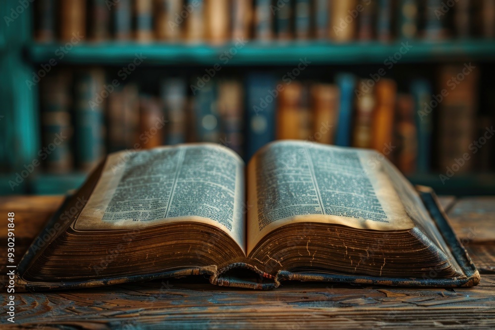 Open Old Book with Blurry Bookcase Background Open Old Book with Blurry Bookcase Background