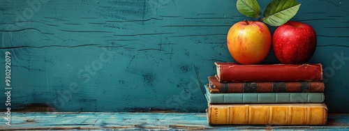 Vintage Books and Apples on a Blue Wooden Surface