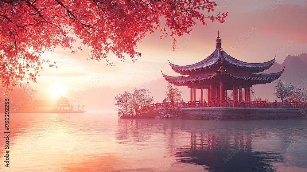 A serene ruby-hued lakeside temple with a tranquil atmosphere, ideal for adding text, with copy space A serene ruby-hued lakeside temple with a tranquil atmosphere, ideal for adding text, with copy space
