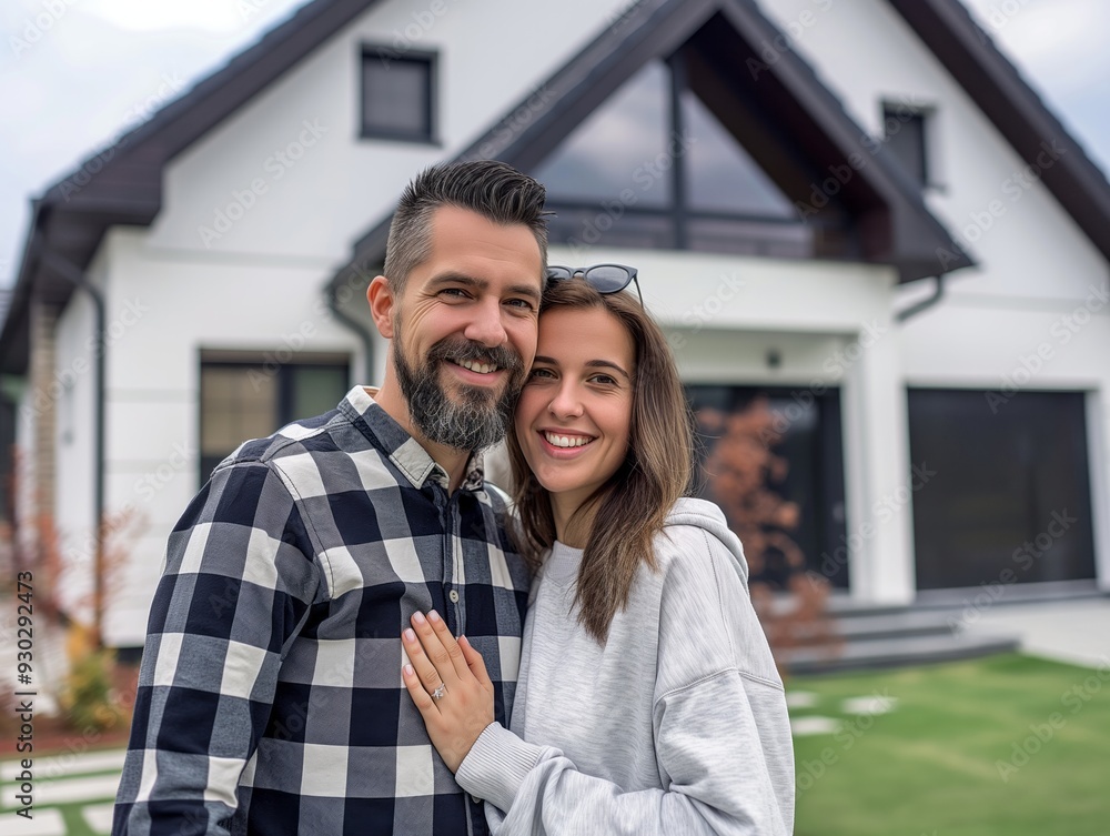 Happy Couple Standing in Front of Their New Home Happy Couple Standing in Front of Their New Home
