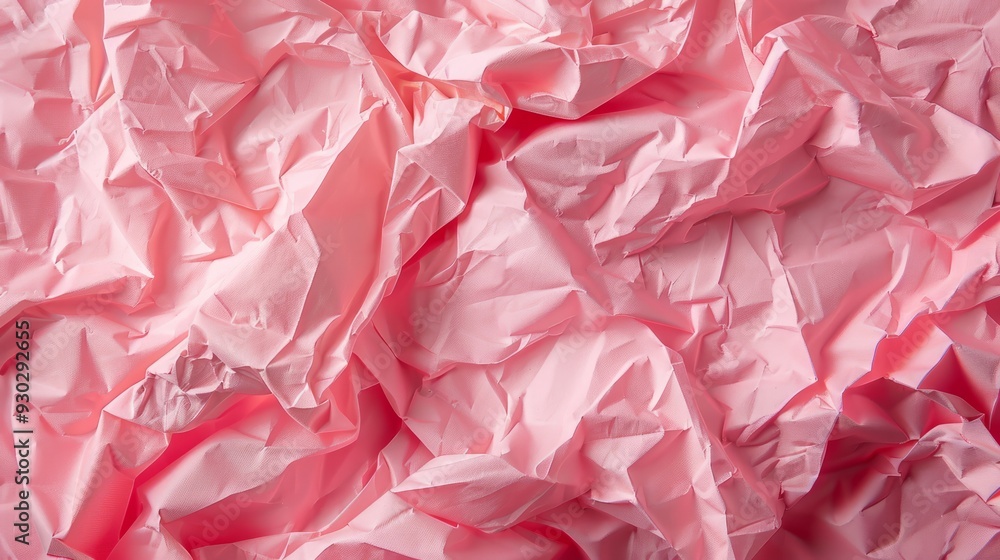 Fototapeta premium The surface features a textured, crumpled pink paper displaying distinct folds and creases, creating an aesthetic visual interest