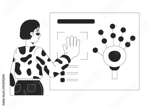 Palm scanning biometric identification black and white flat line illustration. Asian woman pressing hand 2D lineart character isolated. Digital identity verification monochrome vector outline image