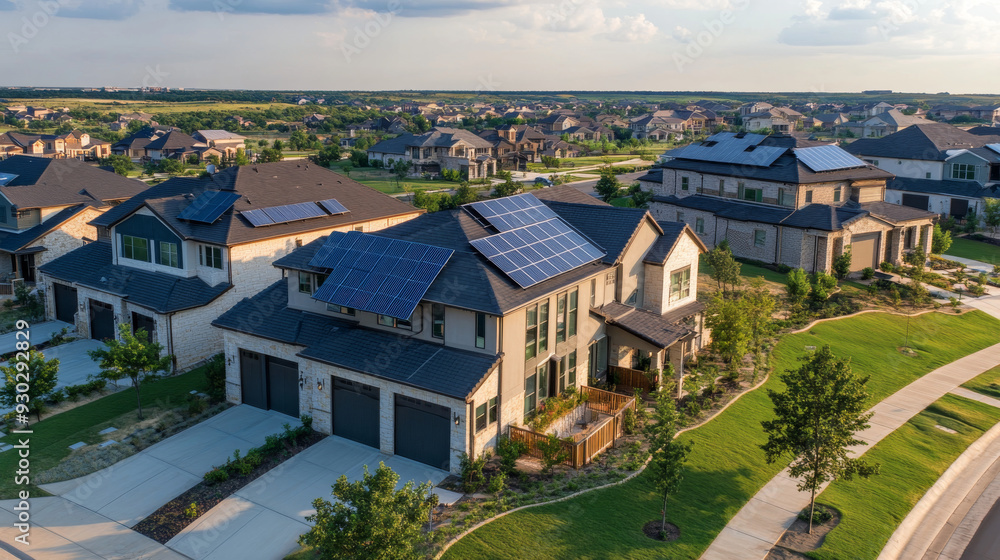 An aerial view of an upscale, new development neighborhood near a highway in the Dallas-Fort Worth Metroplex. The area features a row of modern, two-story homes with solar roof panels. An aerial view of an upscale, new development neighborhood near a highway in the Dallas-Fort Worth Metroplex. The area features a row of modern, two-story homes with solar roof panels.
