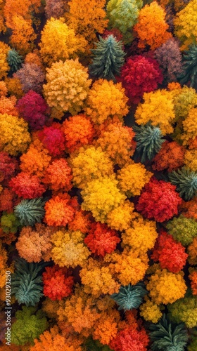 Aerial of a vibrant autumn forest with trees displaying a mix of red, orange, and yellow leaves, forming a colorful mosaic from above