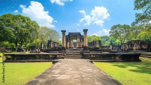 The ancient city of Polonnaruwa, Sri Lanka, with well-preserved ruins and lush greenery. Copy space available