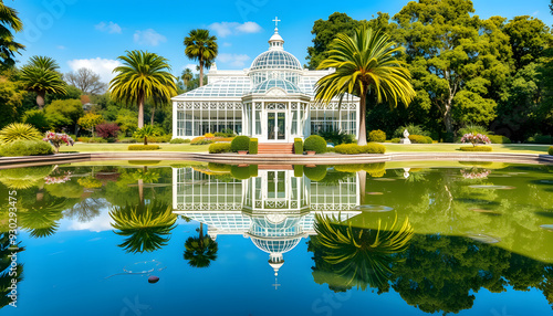 Palm house in Kew botanical gardens reflected in pond, London, UK isolated with white highlights, png photo