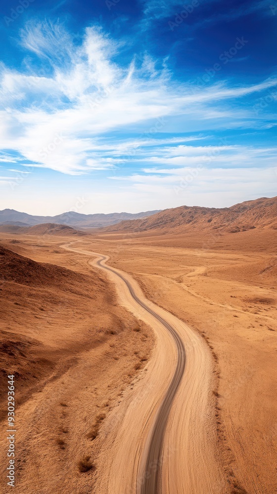 Fototapeta premium Aerial of a vast desert landscape with a solitary road cutting through, illustrating the isolation and expanse of the natural environment