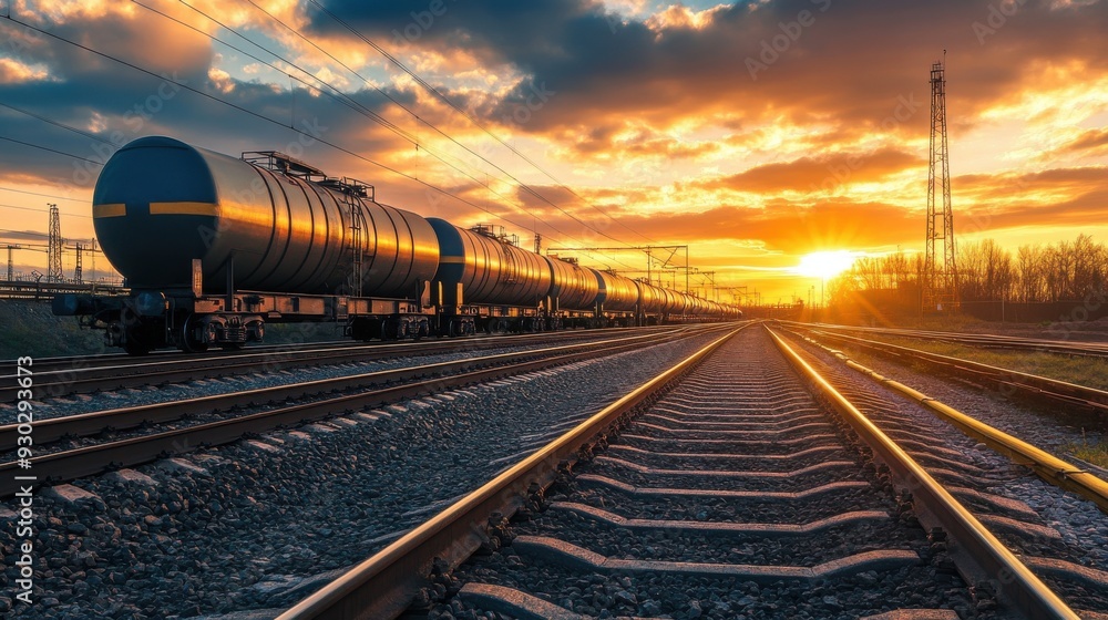 A train with a large tanker car on it is traveling down the tracks A train with a large tanker car on it is traveling down the tracks