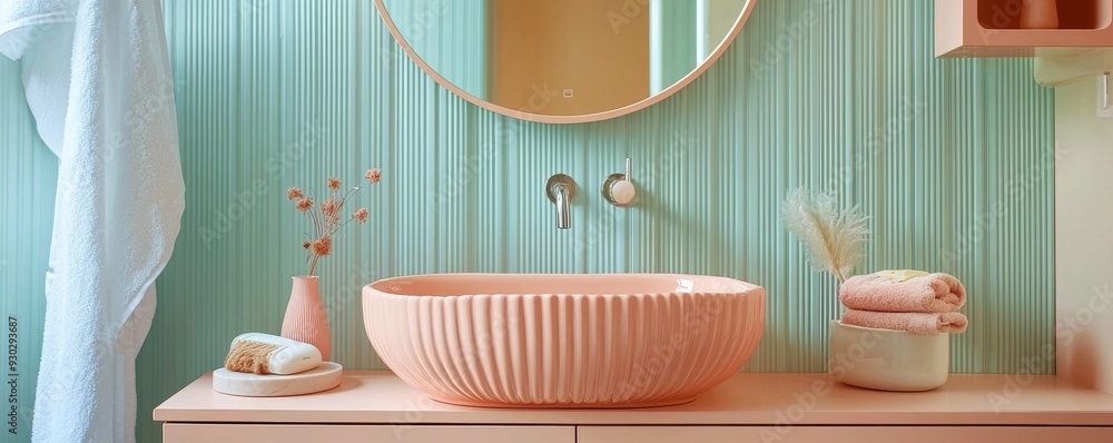 Modern bathroom with peach pink cabinetry and green decor featuring indoor plants and a circular mirror Modern bathroom with peach pink cabinetry and green decor featuring indoor plants and a circular mirror