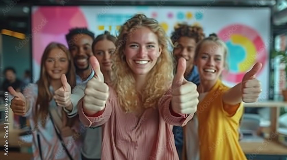 Obraz premium A diverse group of coworkers in a trendy, tech-savvy office environment, all giving thumbs up while standing in front of a large screen displaying their successful project, captured in a high-energy,