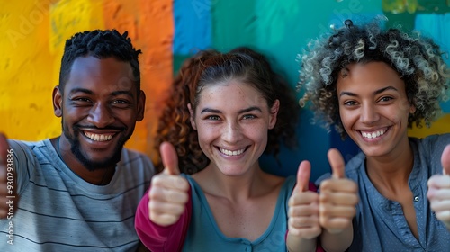 A diverse group of coworkers, standing in a colorful, contemporary office with modern design elements, all giving thumbs up in celebration of a successful project, photo