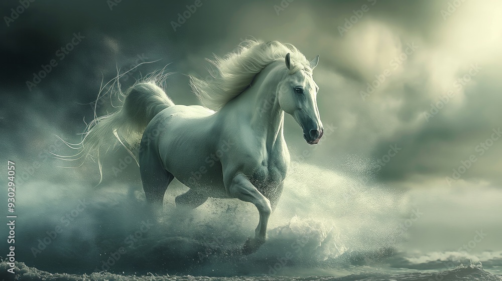 Majestic White Horse Running Through Water Majestic White Horse Running Through Water