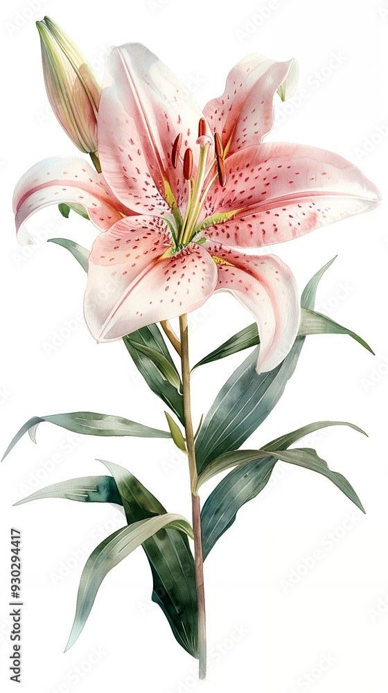 A beautifully illustrated pink lily flower with green leaves and buds. A beautifully illustrated pink lily flower with green leaves and buds.