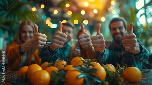 A dynamic team of professionals in a bright, open office space, giving thumbs up while gathered around a table filled with project materials, showcasing a moment of shared success, photo