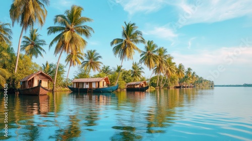 The peaceful backwaters of Kerala, India, with traditional houseboats and coconut palms. Copy space available