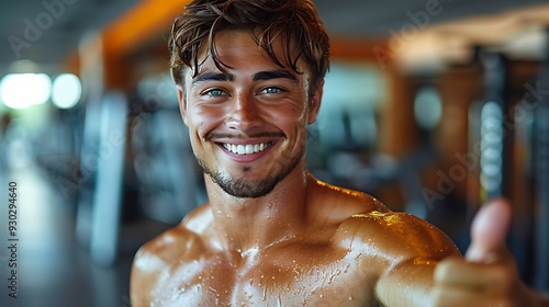 A fit individual giving a thumbs up after a challenging workout, with sweat glistening on their body and a look of accomplishment, standing in a gym with treadmills and weights in the background, photo