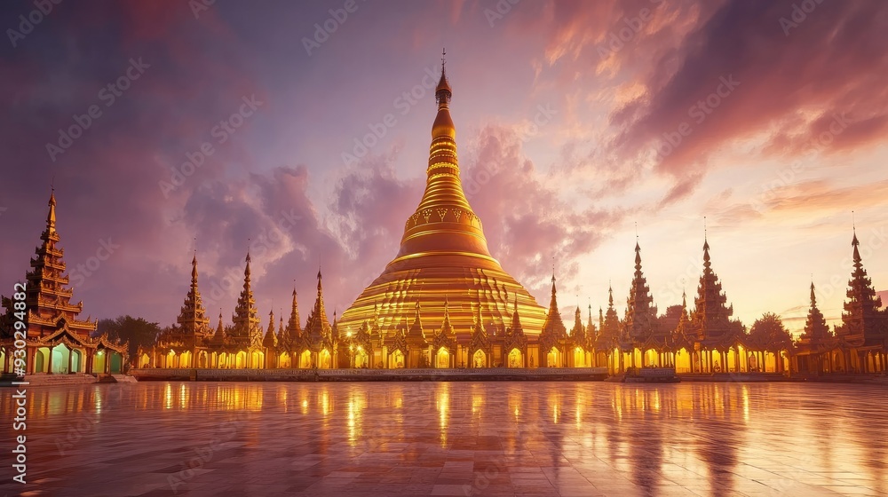 Fototapeta premium The serene Shwedagon Pagoda in Yangon, Myanmar, glowing golden under the twilight sky. Copy space available