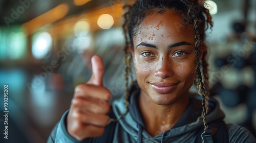 A fit person giving a thumbs up after an intense workout, with beads of sweat on their face and a proud expression, standing in a gym filled with exercise equipment, photo