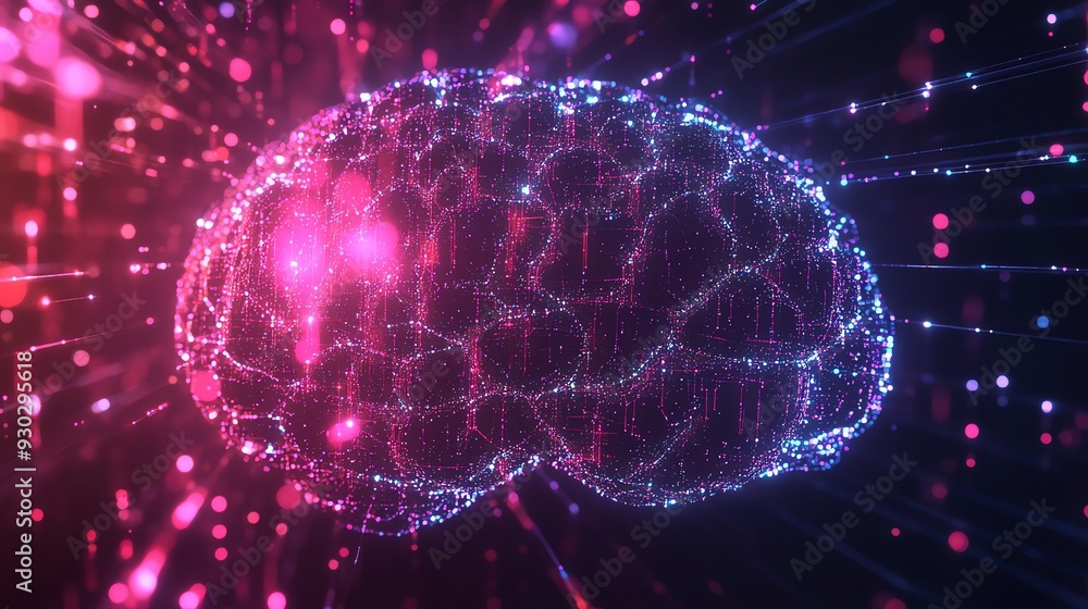 A digital representation of a brain made up of glowing blue and pink dots. A digital representation of a brain made up of glowing blue and pink dots.