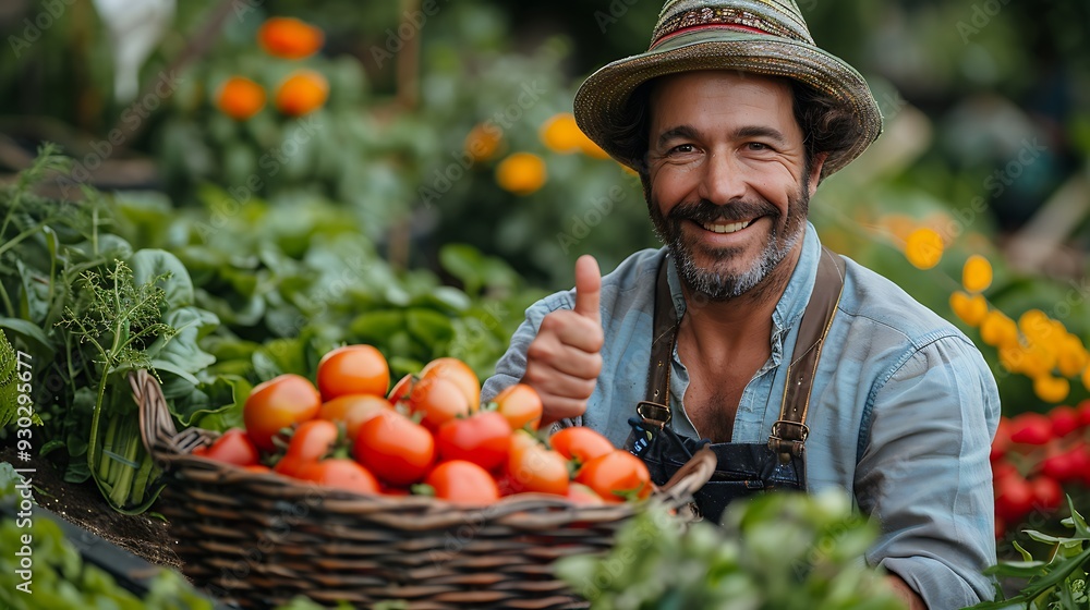 Fototapeta premium A gardener giving a thumbs up while holding a basket of freshly harvested vegetables, standing in a vibrant garden with a variety of plants and flowers, captured in sharp detail with bright,