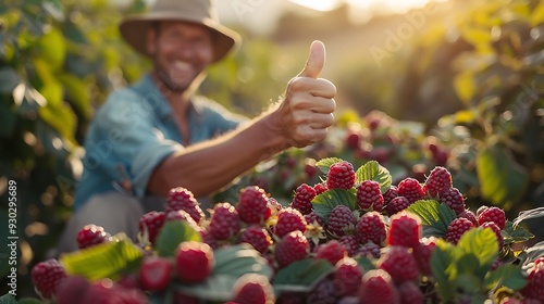 A gardener giving a thumbs up while standing in a bountiful fruit garden, with ripe berries and fruit trees flourishing around them, captured in crisp focus with bright, natural light. photo