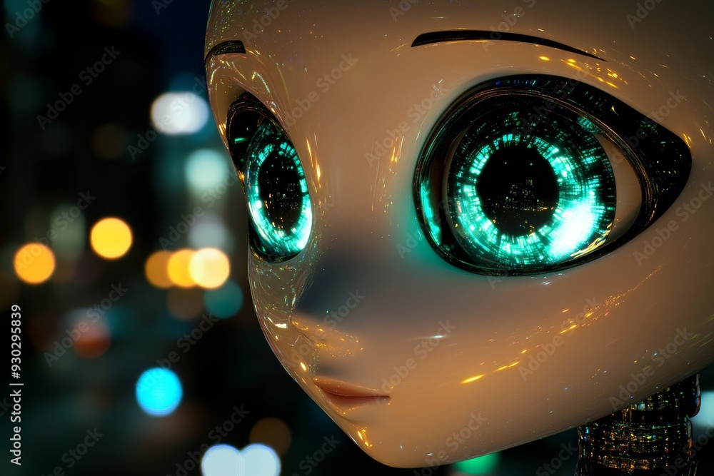 Child like robot sitting on a white floor holding a green apple with innocent curiosity Child like robot sitting on a white floor holding a green apple with innocent curiosity