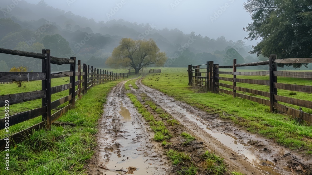 Muddy dirt road winding through a misty field with wooden fences and trees in the background Muddy dirt road winding through a misty field with wooden fences and trees in the background