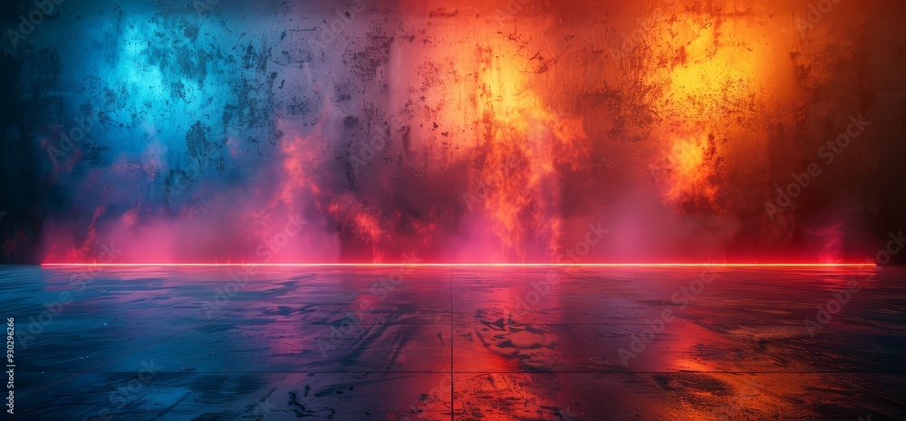abstract background with neon blue and orange light on dark concrete wall in empty room with floor reflection abstract background with neon blue and orange light on dark concrete wall in empty room with floor reflection
